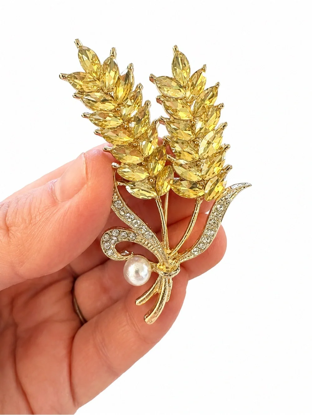 Gold‎ Tone Wheat Sheaf Rhinestone Pearl Brooch Pin Crystal Wheat